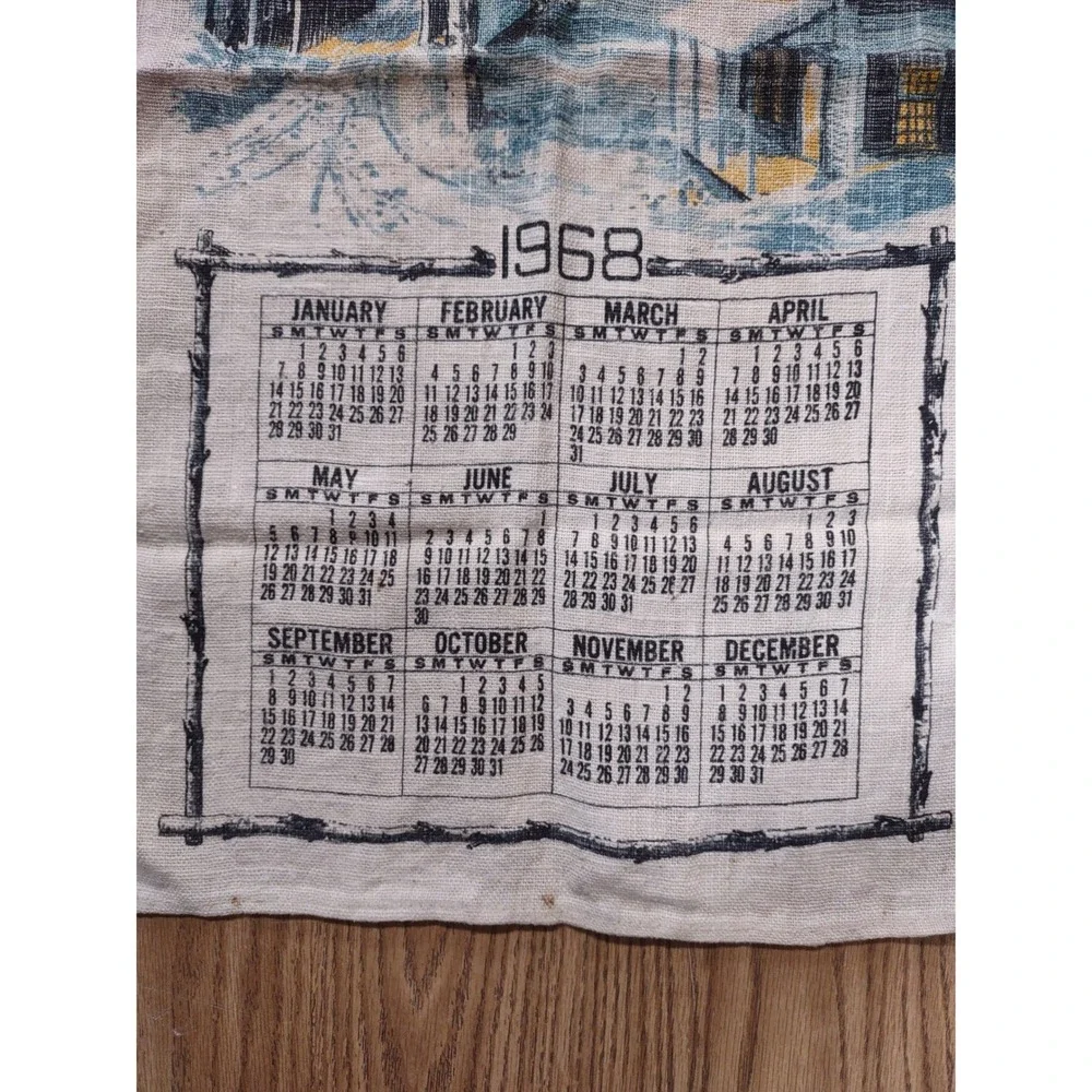 Vintage 1968 Linen Calendar Tea Towel Winter Covered Bridge Snowy Scene Decor